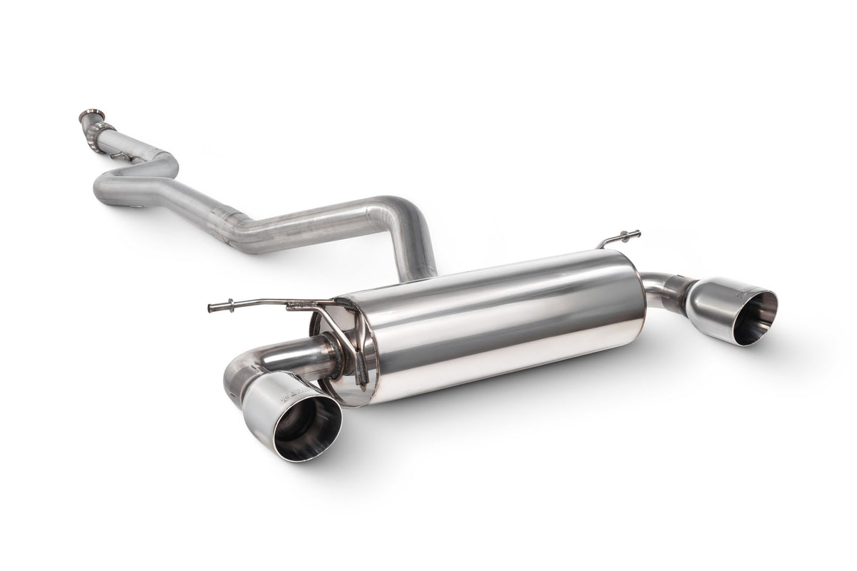 Scorpion BMW M235i F22 non-resonated cat-back exhaust system without valve, showcasing polished stainless steel pipes and muffler.