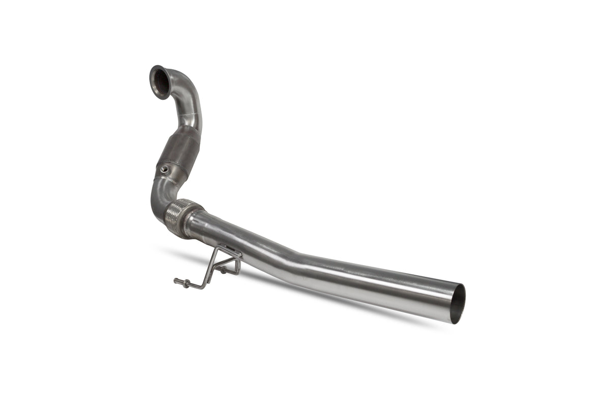 Scorpion Volkswagen Polo Gti 1.8T sports cat downpipe with high flow catalyst, showcasing polished metal and exhaust connections