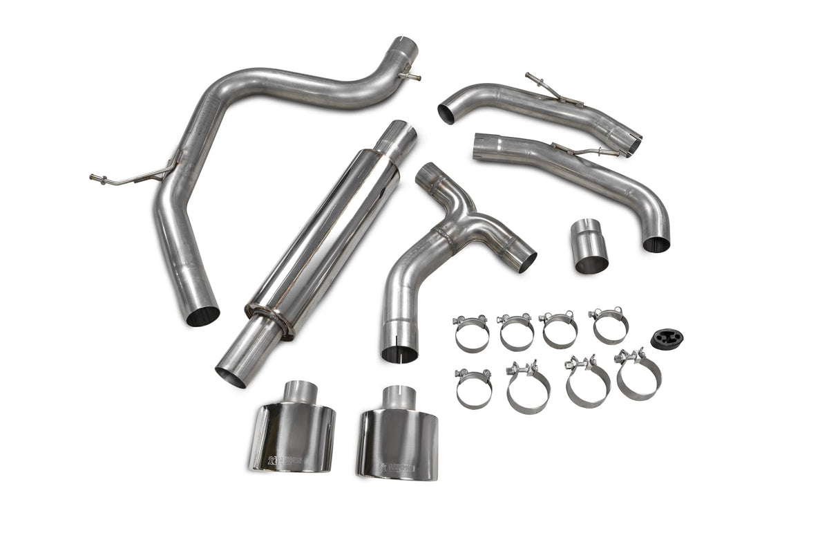 Scorpion Volkswagen Golf MK8 GTI Clubsport GPF-Back Exhaust System showing polished stainless steel pipes and resonated design