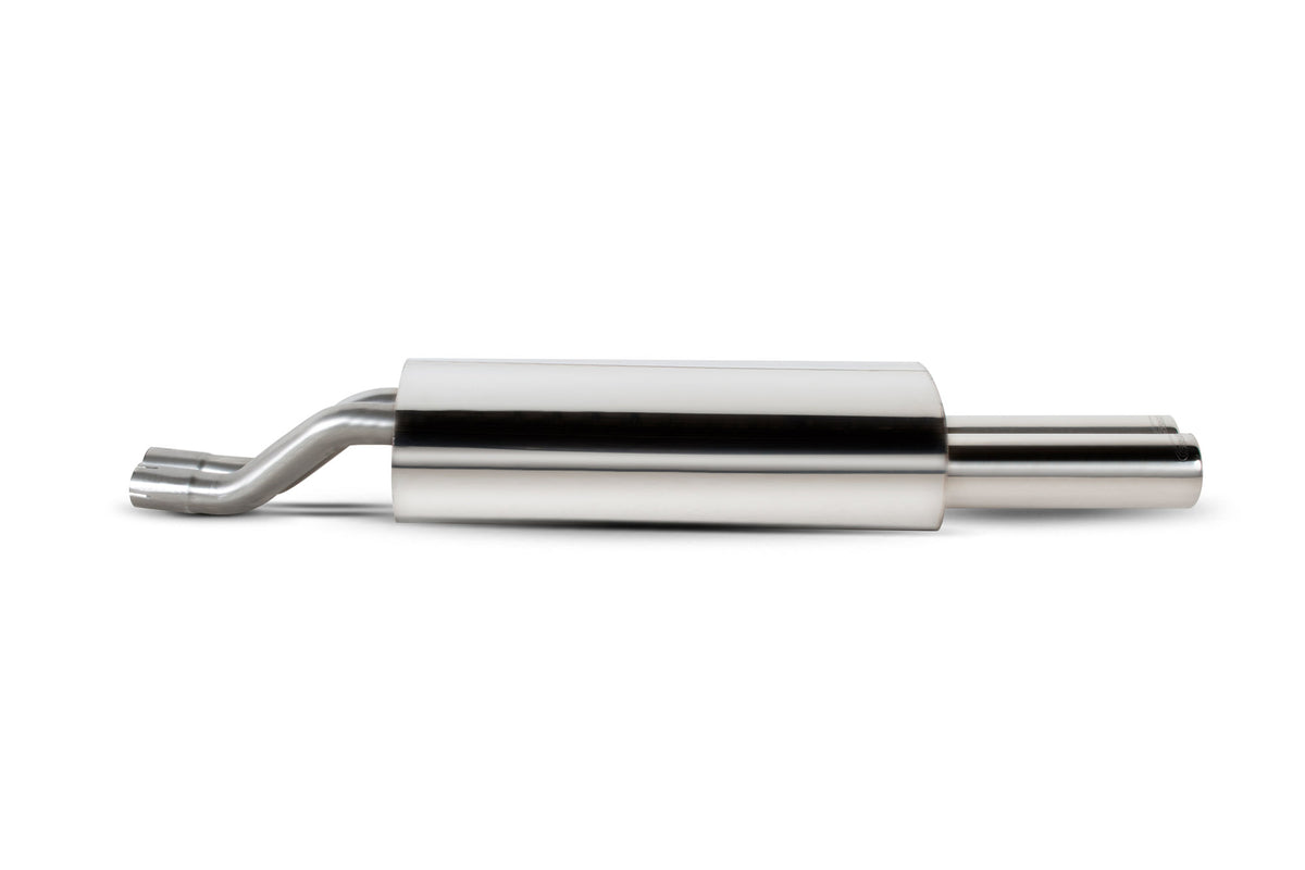 Scorpion BMW 325 E30 rear silencer for coupe, cabrio, and touring models, showing the exhaust pipe and muffler details.