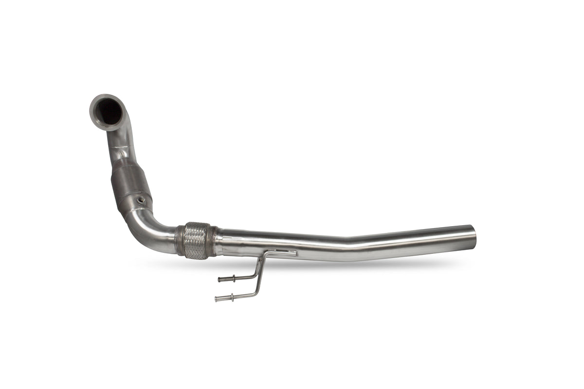 Scorpion Volkswagen Polo Gti 1.8T sports cat downpipe with high flow catalyst, showing the polished metal pipe and connector.