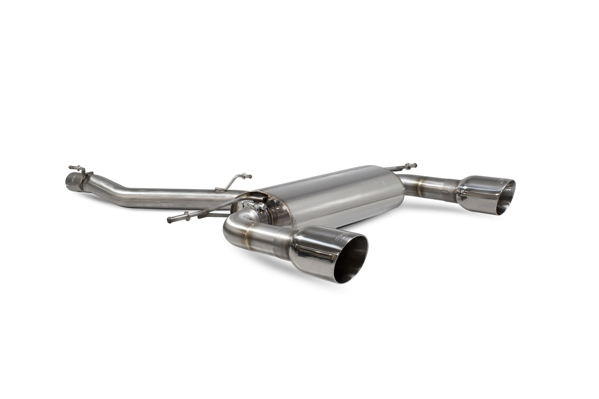 Scorpion Audi TT MK3 2.0 TFSI quattro cat-back exhaust system with non-resonated pipes and no valves, shown installed on the coupe.