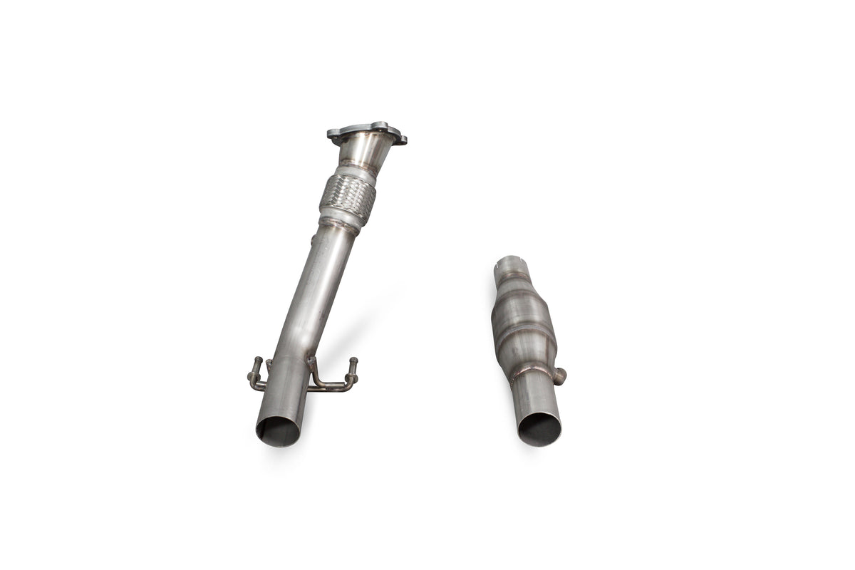 Scorpion Volkswagen Polo Gti 1.8T 9n3 sports cat downpipe with high-flow catalyst, showing polished metal with branding details.