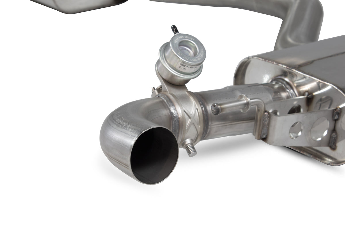 Scorpion Audi TT MK2 TTRS resonated cat-back exhaust system with valve, featuring polished stainless steel pipes and muffler.