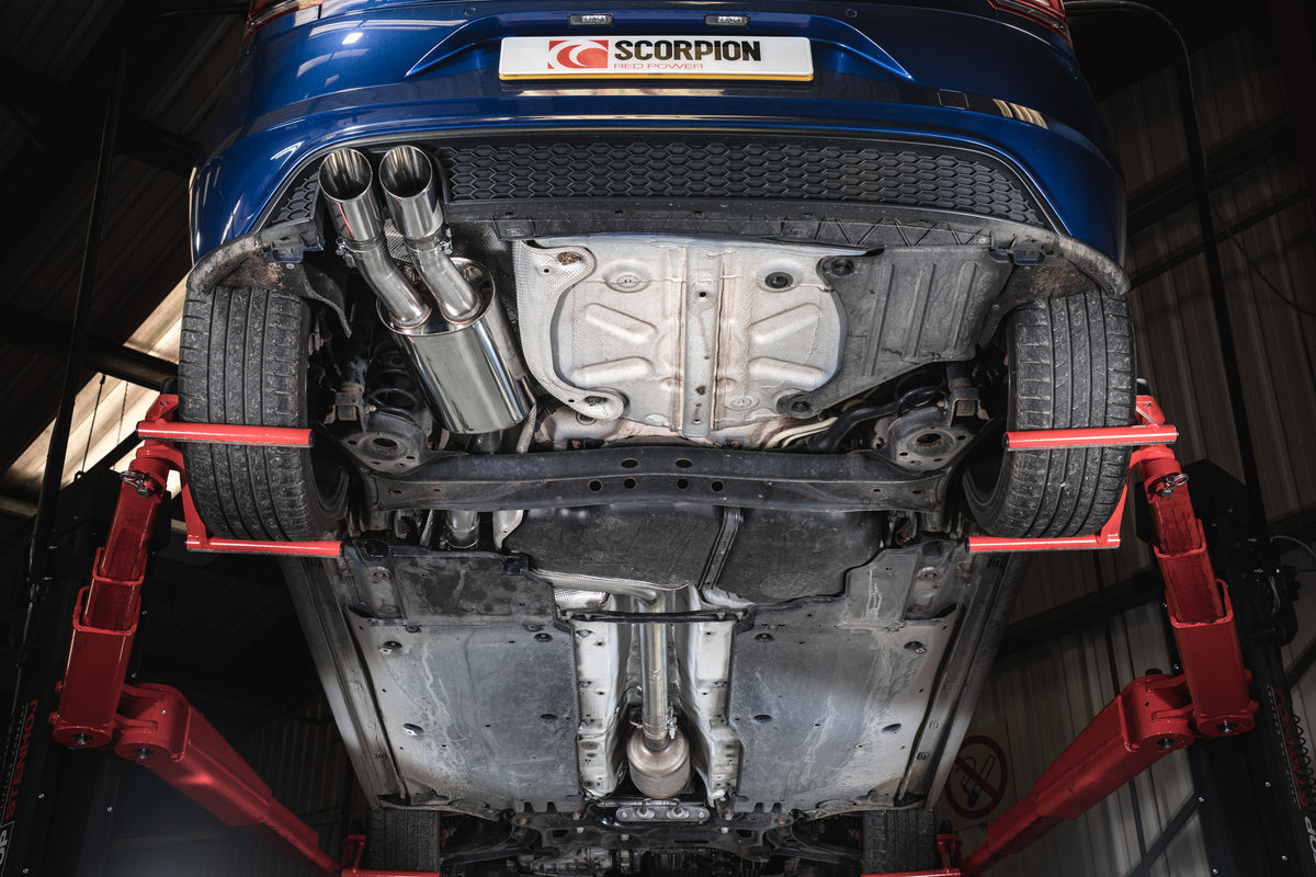 Scorpion Volkswagen Polo GTI AW pre-facelift GPF-back exhaust system, non-resonated, installed on the car's rear view.
