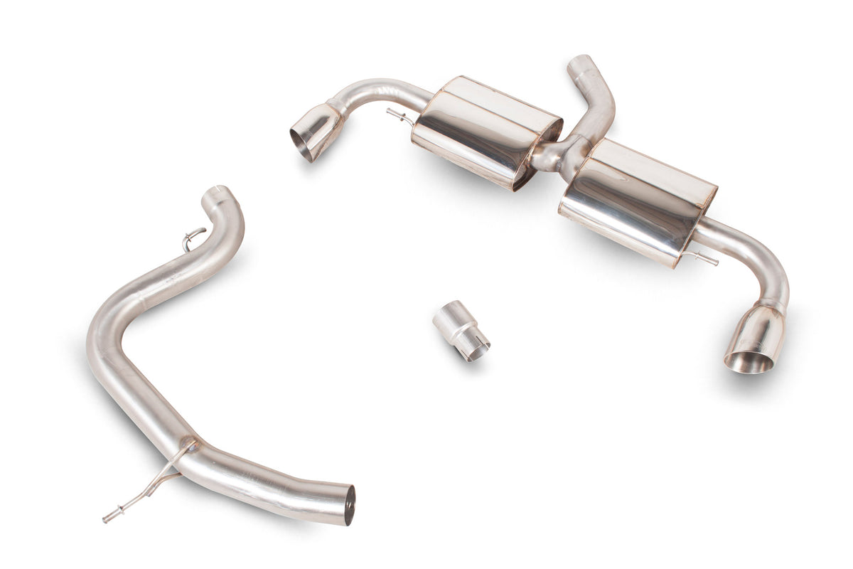 Scorpion Audi TT Mk2 2.0 TFSI cat-back exhaust system with polished stainless steel pipes and dual tailpipes.