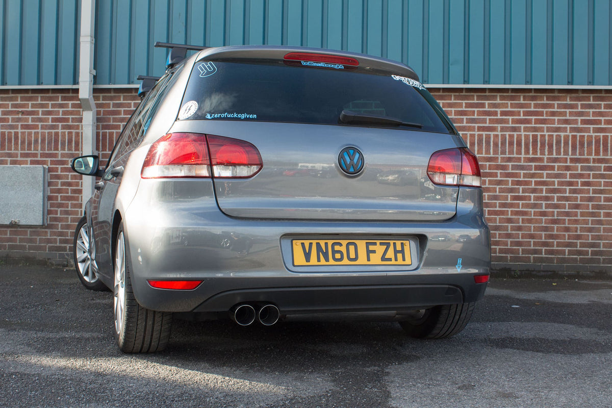 Scorpion Volkswagen Golf MK6 GT 2.0 Tdi cat-back exhaust system showing polished stainless steel pipes and dual exhaust tips.