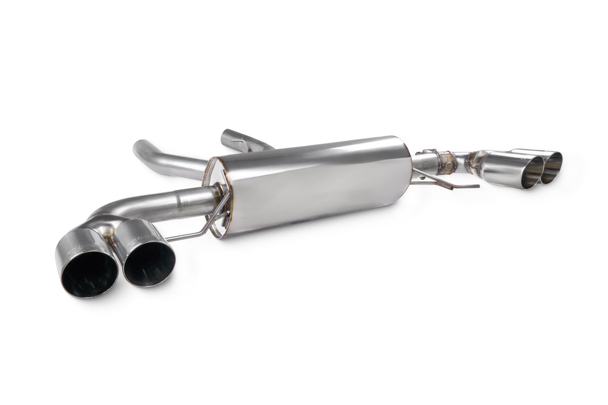 Scorpion BMW M240i G42 GPF-Back Exhaust System with electronic valve and xDrive, showing the polished exhaust tips and piping.