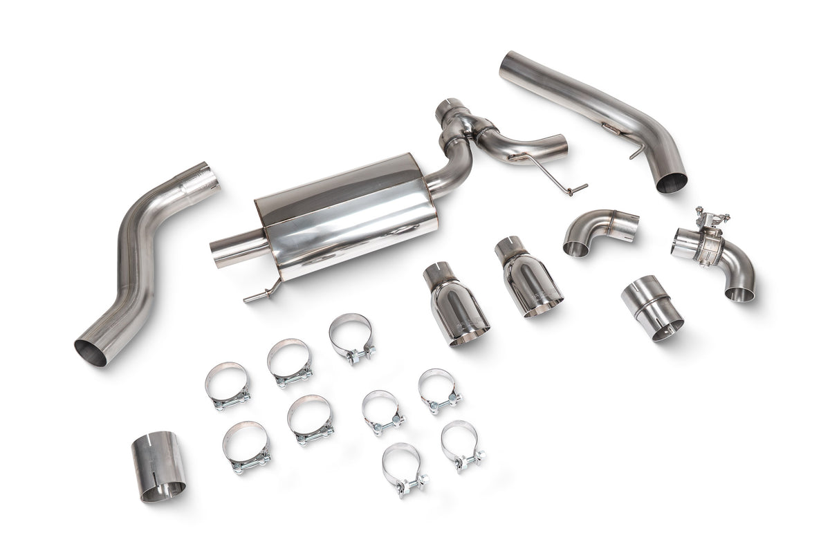 Scorpion BMW 230i G42 GPF-back exhaust system with electronic valve, showcasing the stainless steel design and dual exhaust tips.