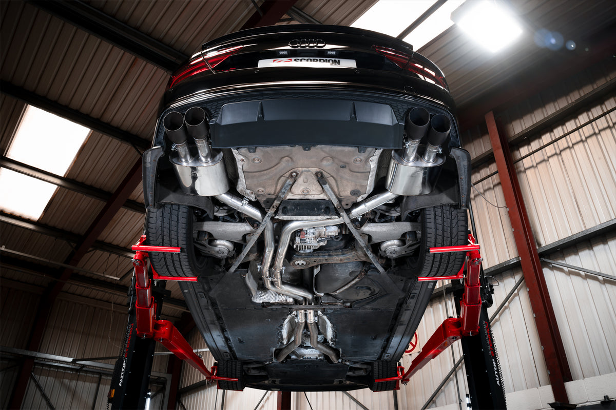 Scorpion Audi S6/S7 C7 non-resonated half exhaust system without valves, showing stainless steel pipes and muffler components