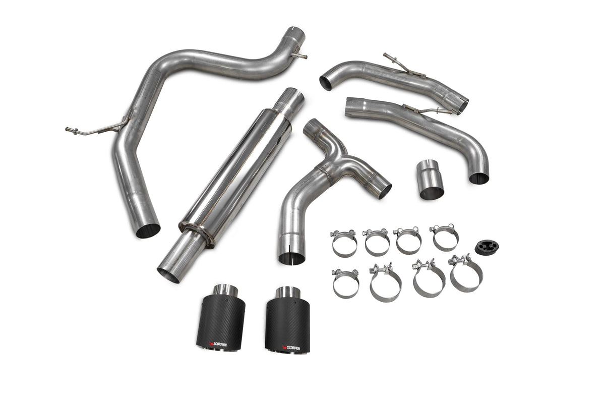Scorpion Volkswagen Golf MK8 GTI Clubsport resonated GPF-back exhaust system with polished stainless steel finish and dual exhaust tips.
