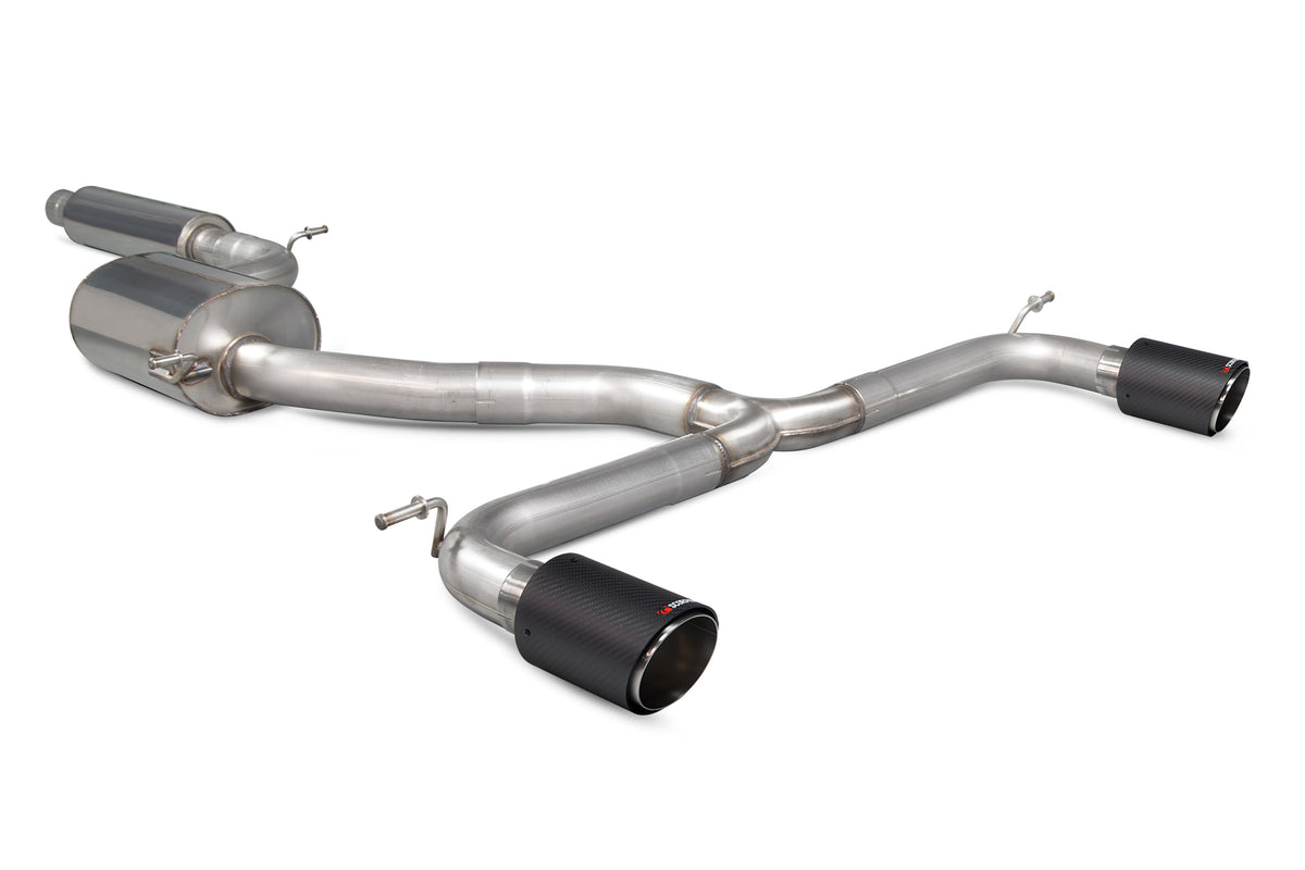 Scorpion Volkswagen Golf MK7.5 GTI non-GPF cat-back exhaust system with resonated design, showcasing polished tips and exhaust piping.