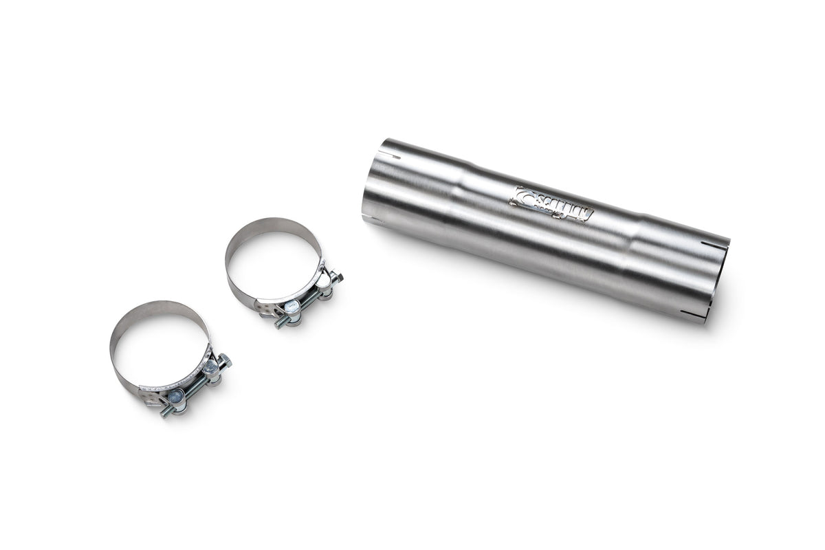 Scorpion BMW M135i and M235i OEM resonator delete pipe installed on a car's exhaust system, showcasing the high-performance design.