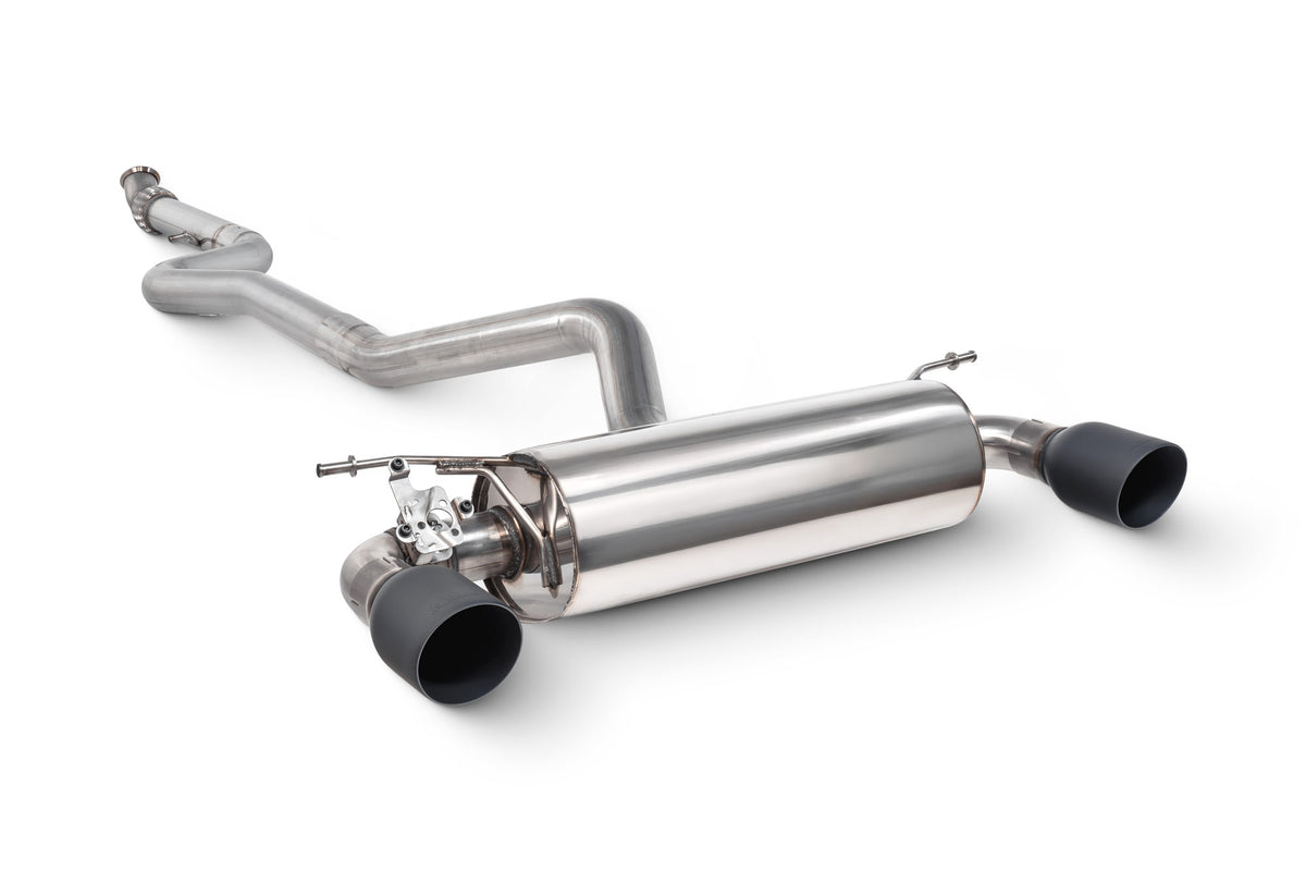 Scorpion BMW M235i F22 non-resonated cat-back exhaust system with valve, showing polished stainless steel pipes and exhaust tips