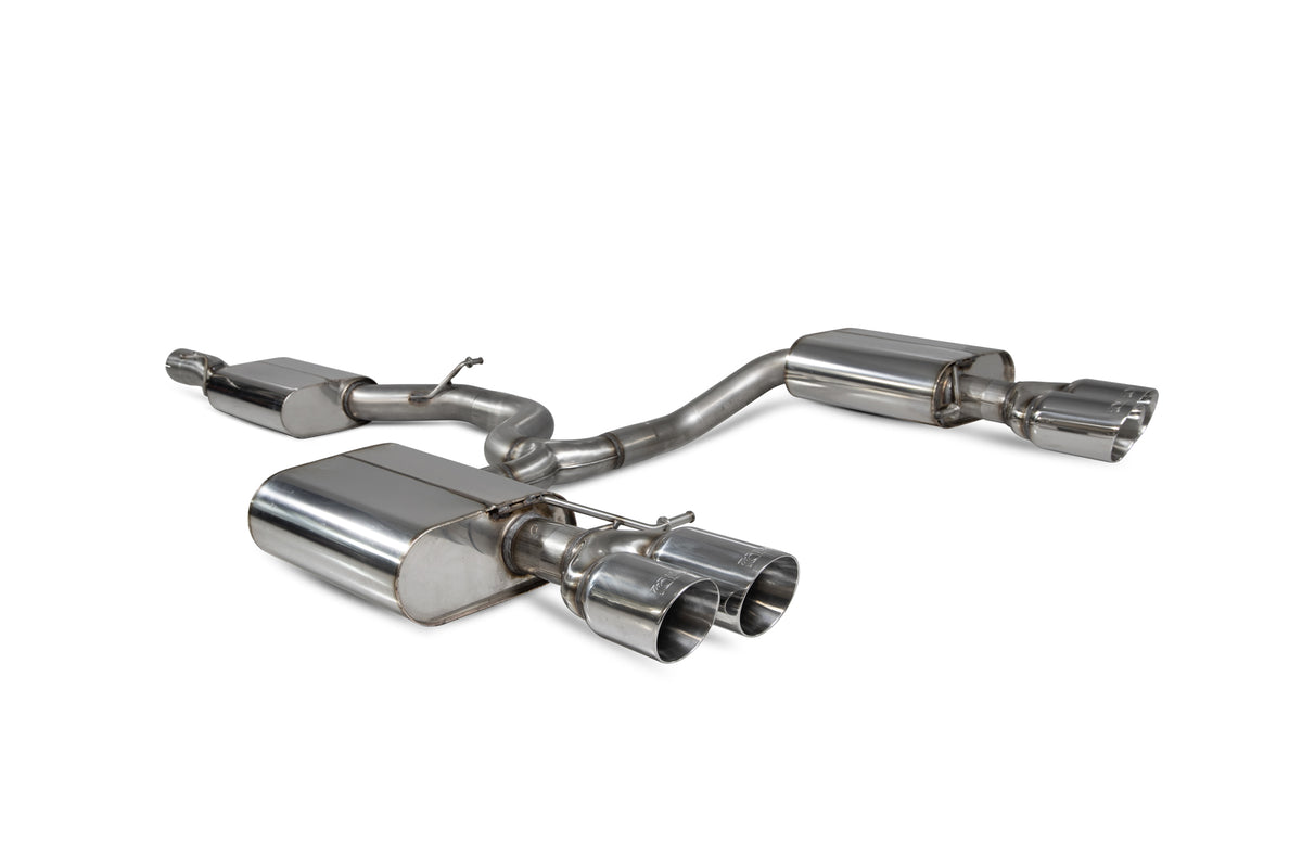 Scorpion Volkswagen Golf R Estate MK7.5 Facelift cat-back exhaust system with resonated GPF model, showcasing polished stainless steel pipes.