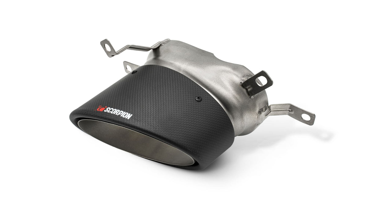 Pair of Scorpion Audi RS7 C7 carbon fibre tailpipe trim with Ascari RS design, featuring a sleek black finish on polished metal.
