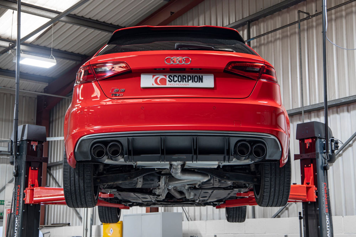 Scorpion Audi S3 8V GPF-Back Exhaust System with dual exhaust tips, matte black finish, and pipework visible underneath the vehicle.
