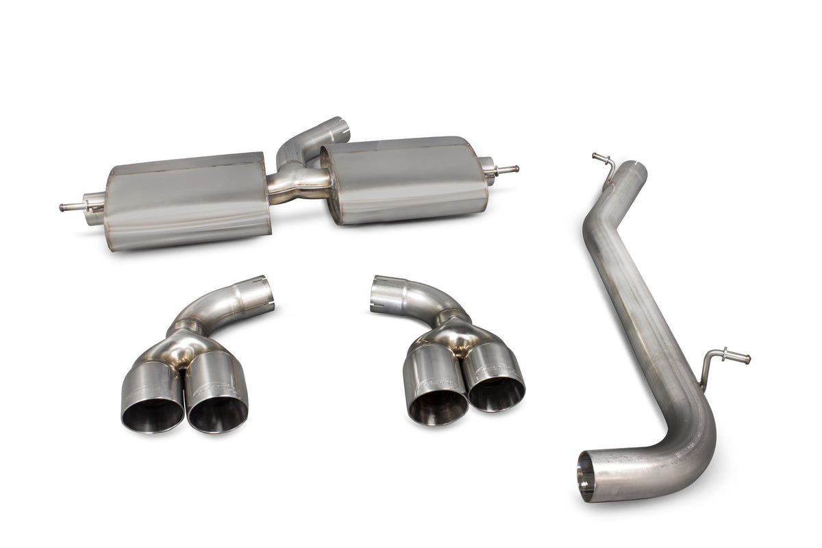 Scorpion Audi TT Mk2 3.2 V6 cat-back exhaust system with non-resonated pipes, featuring polished stainless steel tips.
