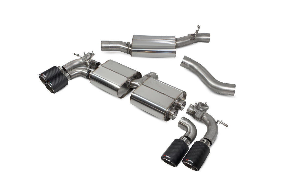 Scorpion Audi S3 8V GPF-back exhaust system with resonated pipes, valves, and sporty design for 3-door and Sportback models.