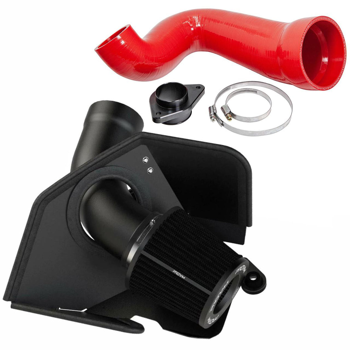 Ramair PRORAM induction kit and turbo inlet in red for Volkswagen Golf 1.5 TSI showing the high-performance air intake components.