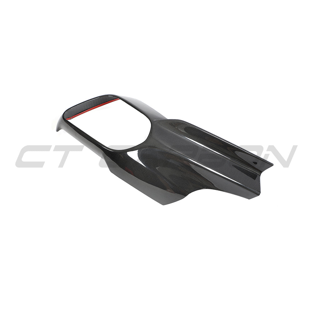 Ferrari 812 Superfast & GTS carbon fiber exhaust trim cover by CT Carbon, showcasing sleek, textured automotive accessory.