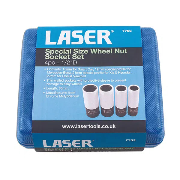 Laser Tools Laser 7752 special size wheel nut socket set 1/2D with multiple socket sizes for vehicle wheel nuts.