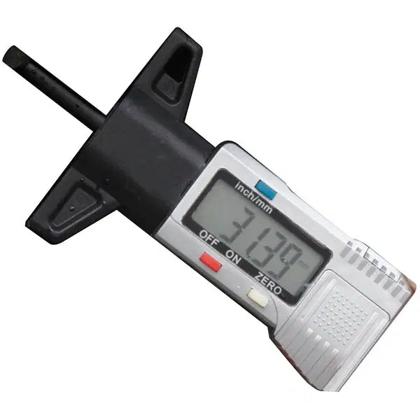 Streetwize digital tyre depth gauge measuring tyre tread depth with a clear digital display, used for vehicle maintenance.