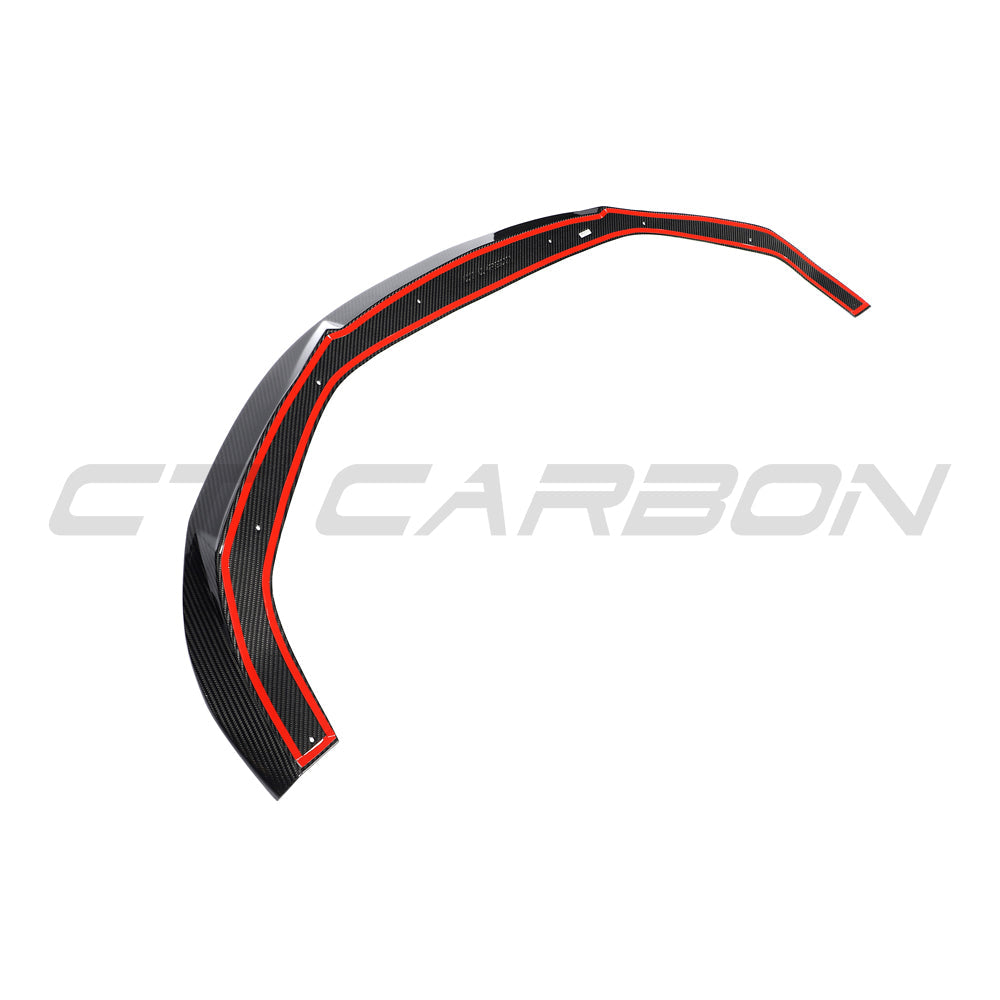 Carbon fiber splitter for Audi RS3 8Y 2025+ by CT Carbon, shown on a sleek vehicle front with detailed weave pattern.