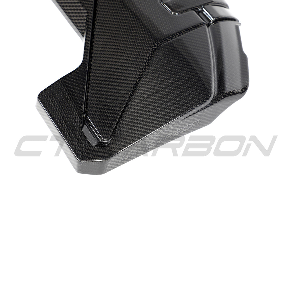 CT Carbon carbon fibre engine cover for Audi RS3 8Y 2020+ showing sleek, textured finish on engine bay with branding detail