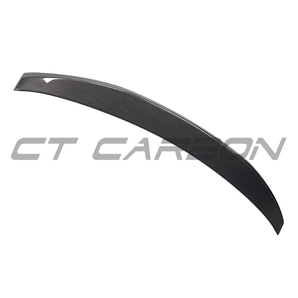 Carbon fiber spoiler for Audi A3/S3/RS3 8Y saloon, CT Design V2, showcasing sleek aerodynamic design on a black car.
