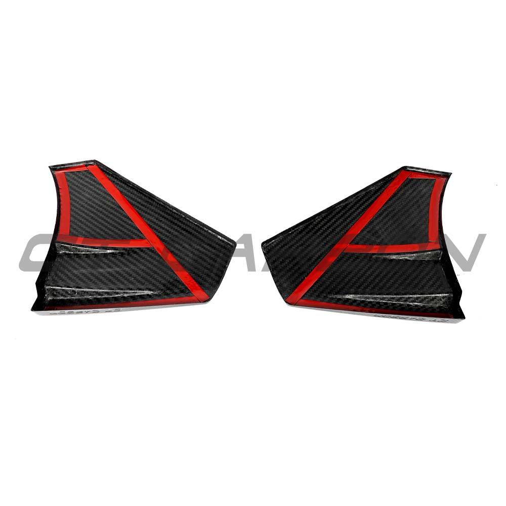 Lamborghini Revueltto carbon fiber door trim side skirts by CT Carbon, detailed close-up of sleek, textured carbon fiber material.