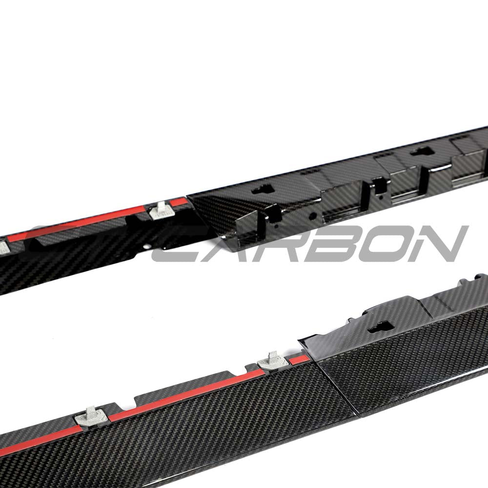 Lamborghini Revuoleto carbon fiber side skirts by CT Carbon installed on a sports car, showcasing sleek, lightweight aerodynamic design