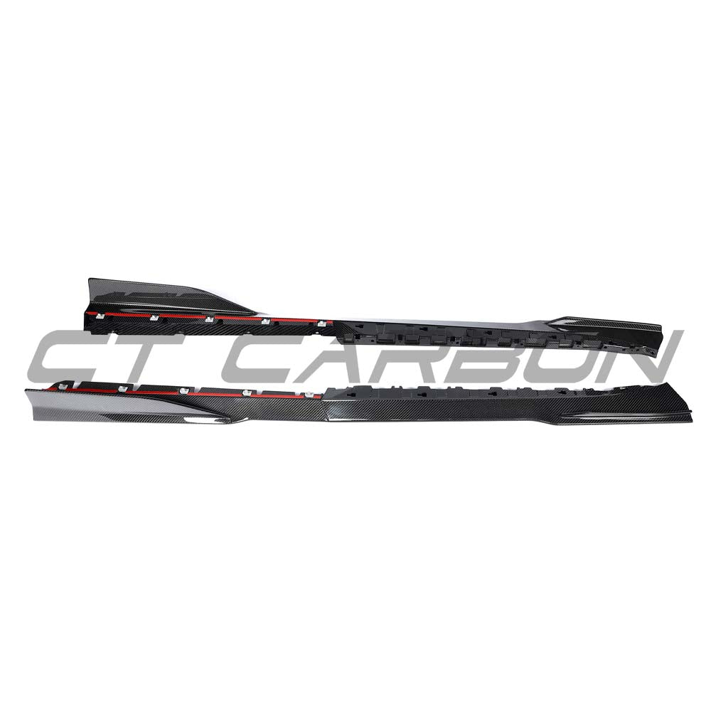 Carbon fiber side skirts for Lamborghini Revuelt by CT Design, showcasing sleek, aerodynamic enhancements on a high-performance car.