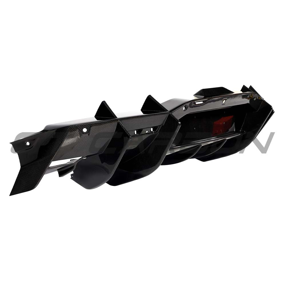 Lamborghini Revueltto carbon fiber rear diffuser by CT Design, showcasing sleek, aerodynamic design and high-quality craftsmanship.