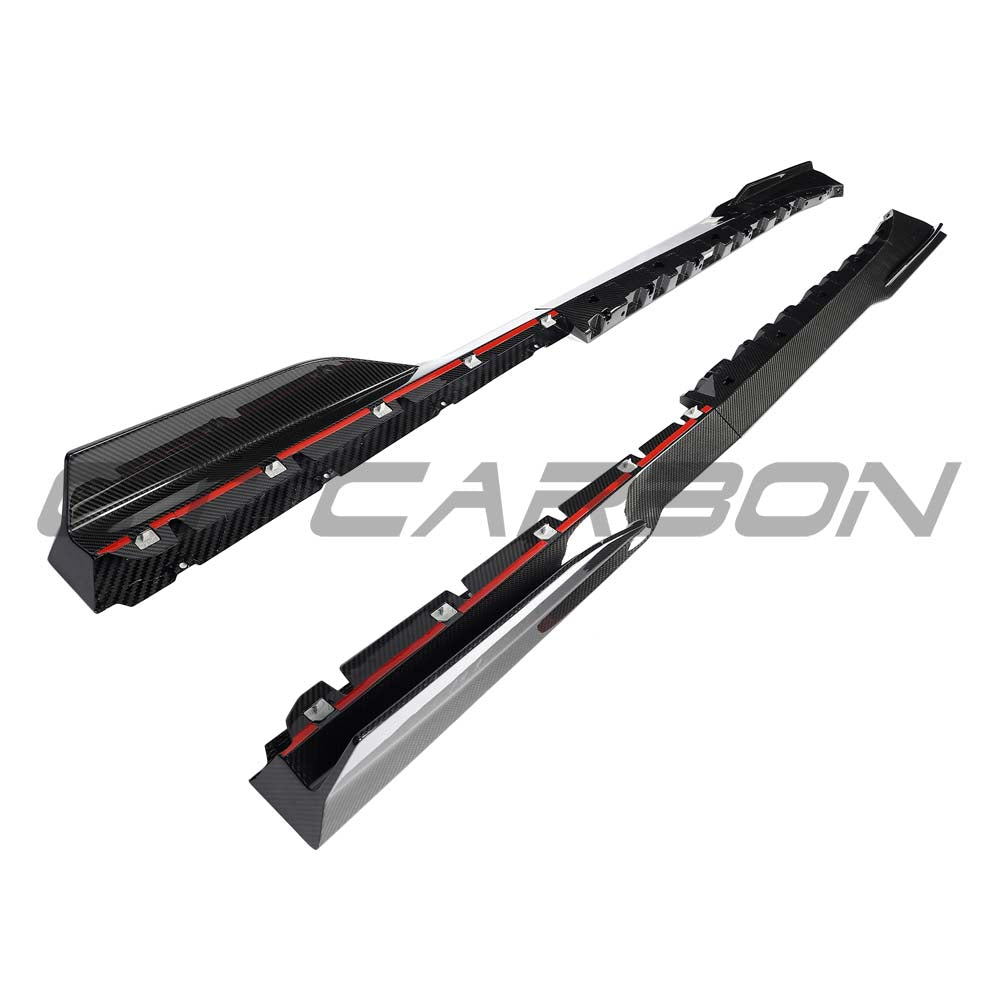 Lamborghini Revueltto carbon fiber side skirts by CT Carbon, shown installed on the car's side, showcasing sleek, aerodynamic design.