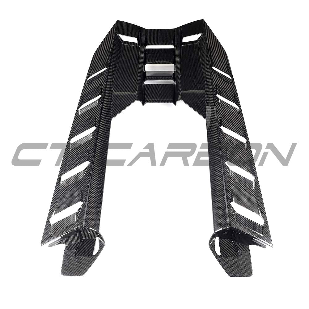 CT Carbon Lamborghini Revuelto carbon fibre engine cover and roof scoop, showing sleek design and textured finish.