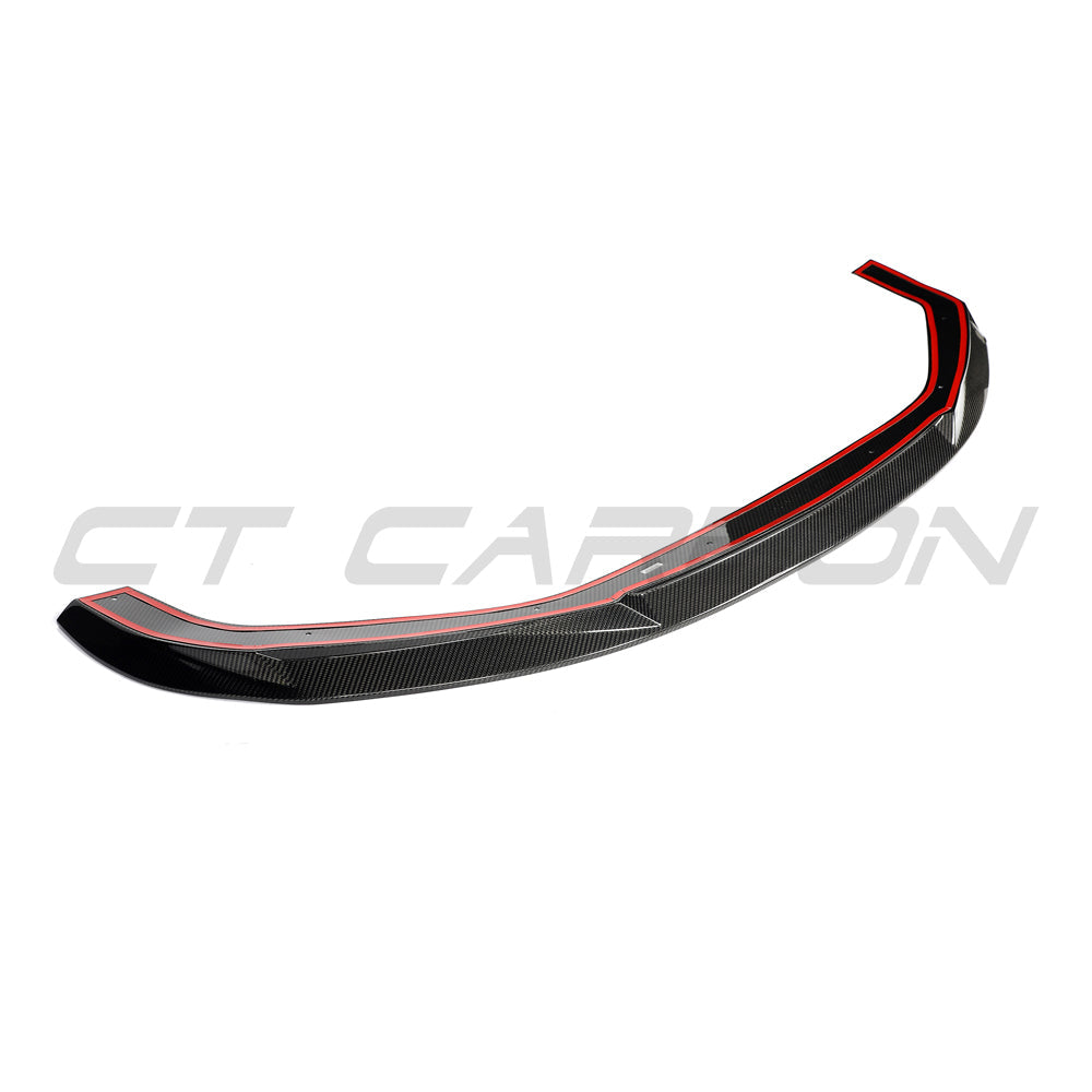 Carbon fiber splitter for Audi RS3 8Y 2025+ by CT Carbon, featuring a sleek, aerodynamic design with detailed carbon fiber texture.