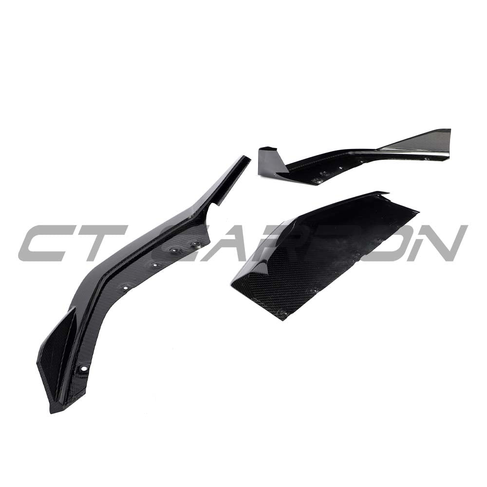 Carbon fiber Lamborghini Revueltto front splitter by CT Carbon, showcasing sleek, aerodynamic design on a high-performance vehicle.