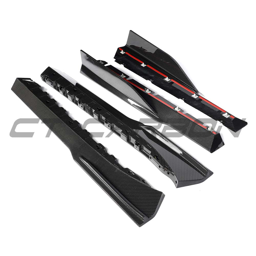 Lamborghini Revueltto carbon fibre side skirts by CT Carbon, showing sleek, aerodynamic design and textured carbon fiber surface.