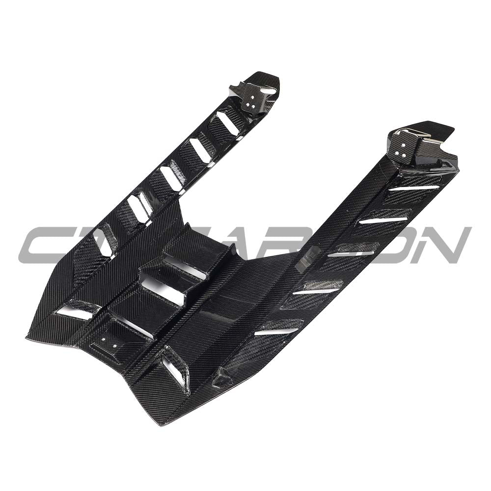 Lamborghini Revuelto carbon fibre engine cover and roof scoop by CT Carbon, showcasing sleek design and lightweight construction.