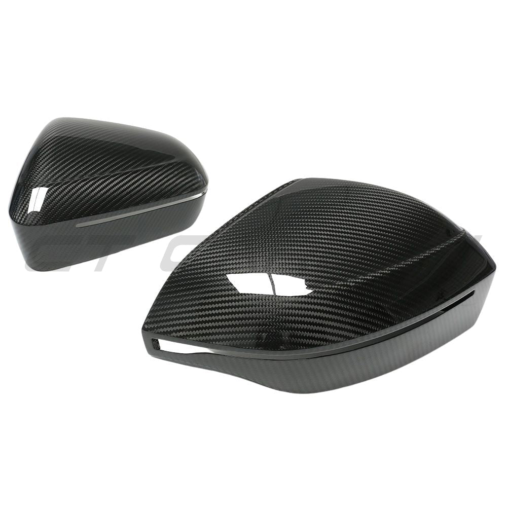 BMW M5 G90 and 5 Series carbon fiber mirror covers by CT Carbon, LHD, featuring sleek pre-preg carbon fiber design.
