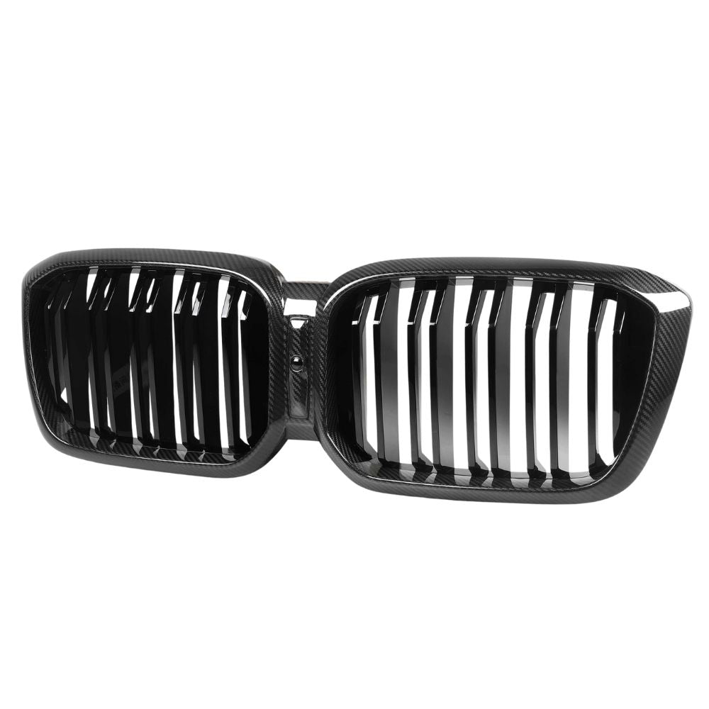 BMW G01/F97 X3 and G02/F98 X4 LCI carbon fiber grille with double slats, featuring a sleek black finish and detailed craftsmanship.