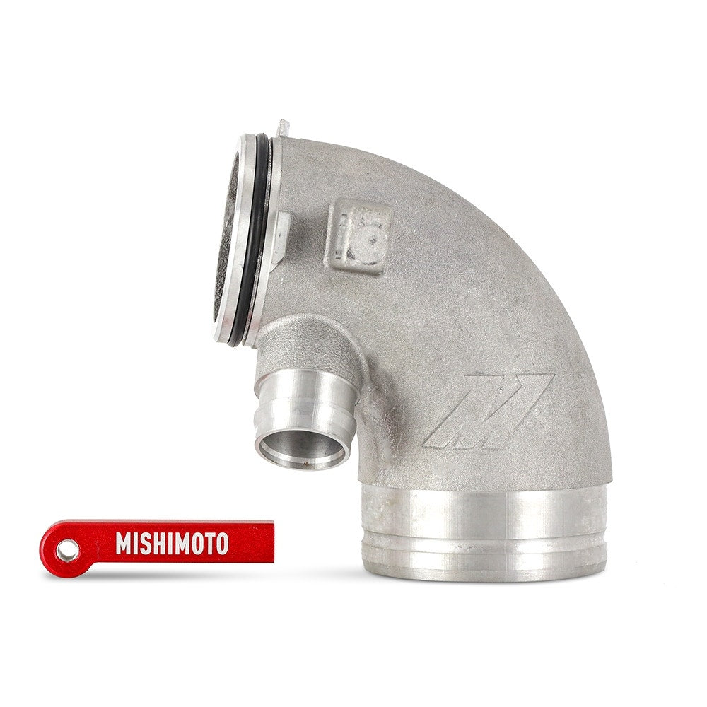 MISHIMOTO turbo inlet pipe for Volkswagen GTI, Golf, Audi A3 1.8T/2.0T MQB induction kit, close-up view of polished pipe.