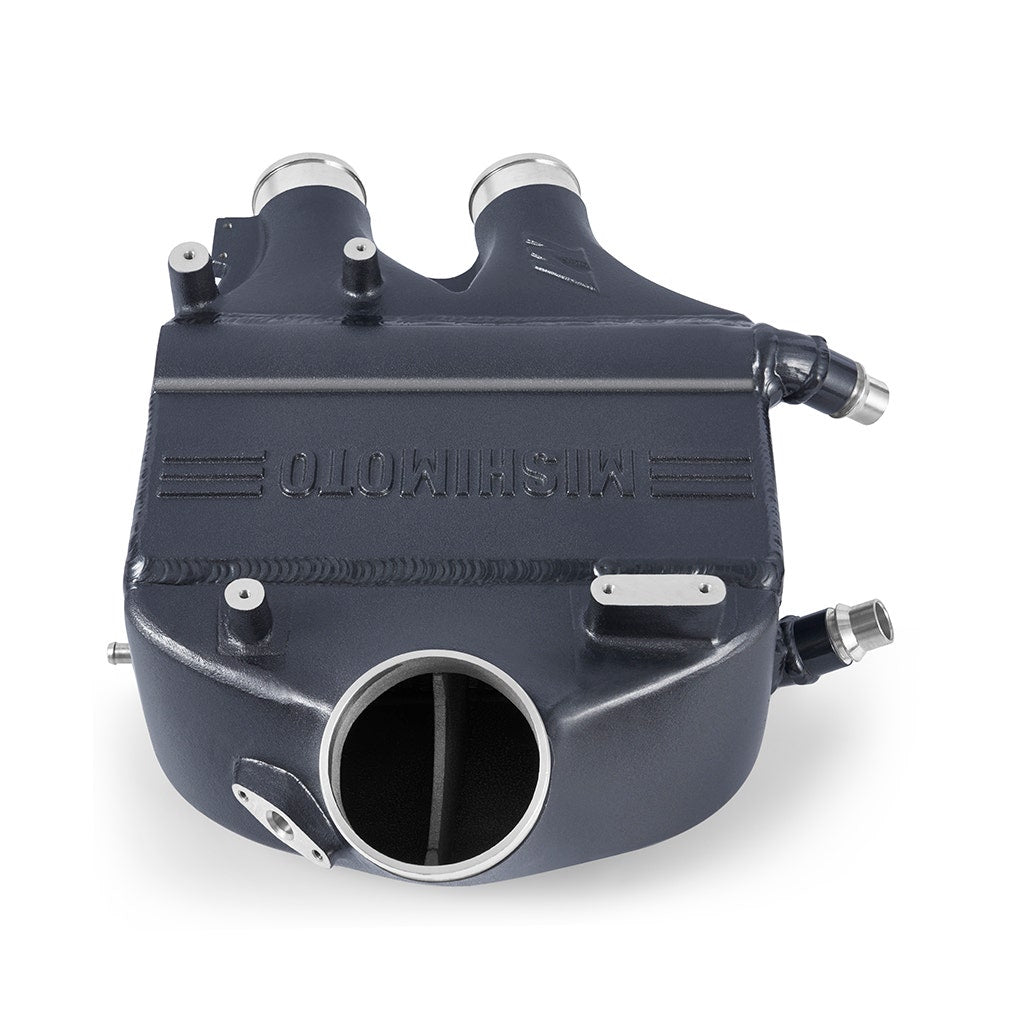 MISHIMOTO performance air-to-water intercooler for BMW F8X M3 M4, color matched, engine cooling part, installed in vehicle.