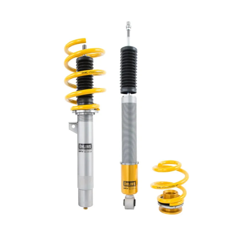 Ohlins Road & Track Coilovers DFV 1-way for BMW M3 E46 2001-2006, TUV approved, showing coilover suspension components.