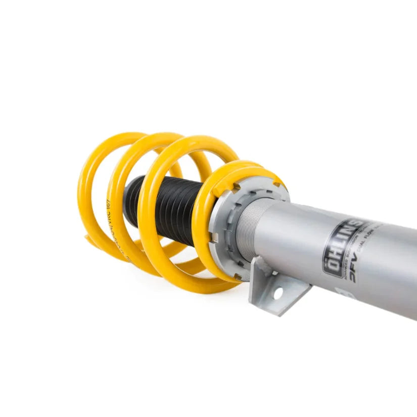 Ohlins Road & Track DFV 1-way coilovers installed on a BMW M3 E46, showing adjustable coilover components and branding.
