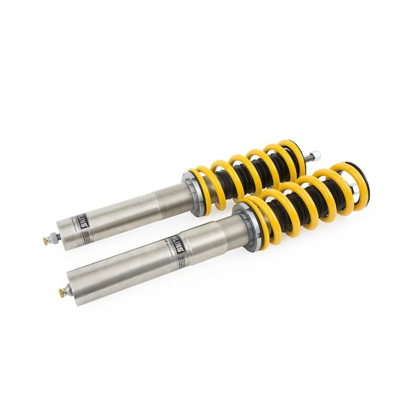 Ohlins Road & Track DFV 1-way coilovers installed on Porsche Cayman GT4 981 (2015-2016), showing the adjustable suspension components.