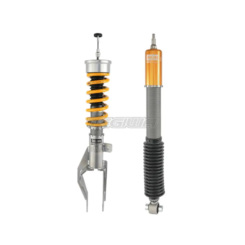 Ohlins Road & Track Dual Flow Valve coilovers installed on Tesla Model 3 Y, showcasing adjustable suspension components.