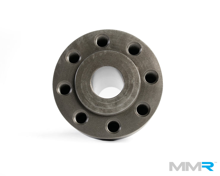 MMX Performance single-piece crank hub upgrade for BMW S55 and N55 engine, high-performance engine part, black metal finish.