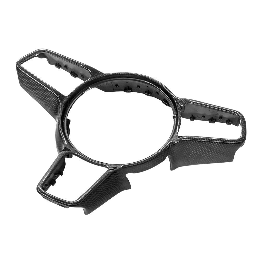 CT Carbon steering wheel trim with Sport Chrono for Porsche 911, Cayman, Boxster, Cayenne, Macan models 2013+ showing close-up of the accessory.